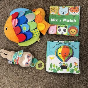Lot of 4 Baby Toys – 2 Melissa & Doug Books, Fish + Infantino Sloth Plush